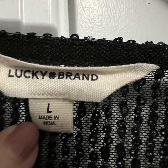 Lucky Brand Black Sequin Sheer Blouse size L EUC - Picture 6 of 11